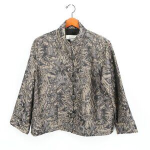 Caroline Rose Gray Beige Pewter Metallic Loop Button Front Jacket M